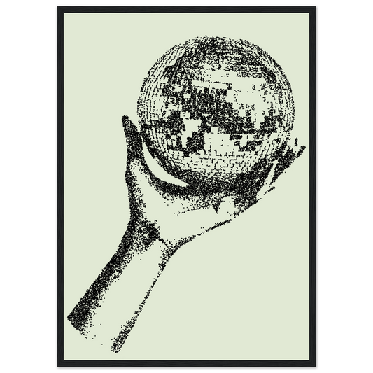 Digital disco ball hand global vision framed poster choose your size frame art print in a Wood frame size 21x29.7 cm / 8x12" affordable wall art by Art Aunty NZ