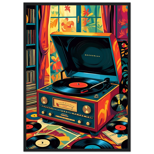 Colorful retro record player framed poster choose your size frame art print in a Wood frame size 21x29.7 cm / 8x12" affordable wall art by Art Aunty NZ