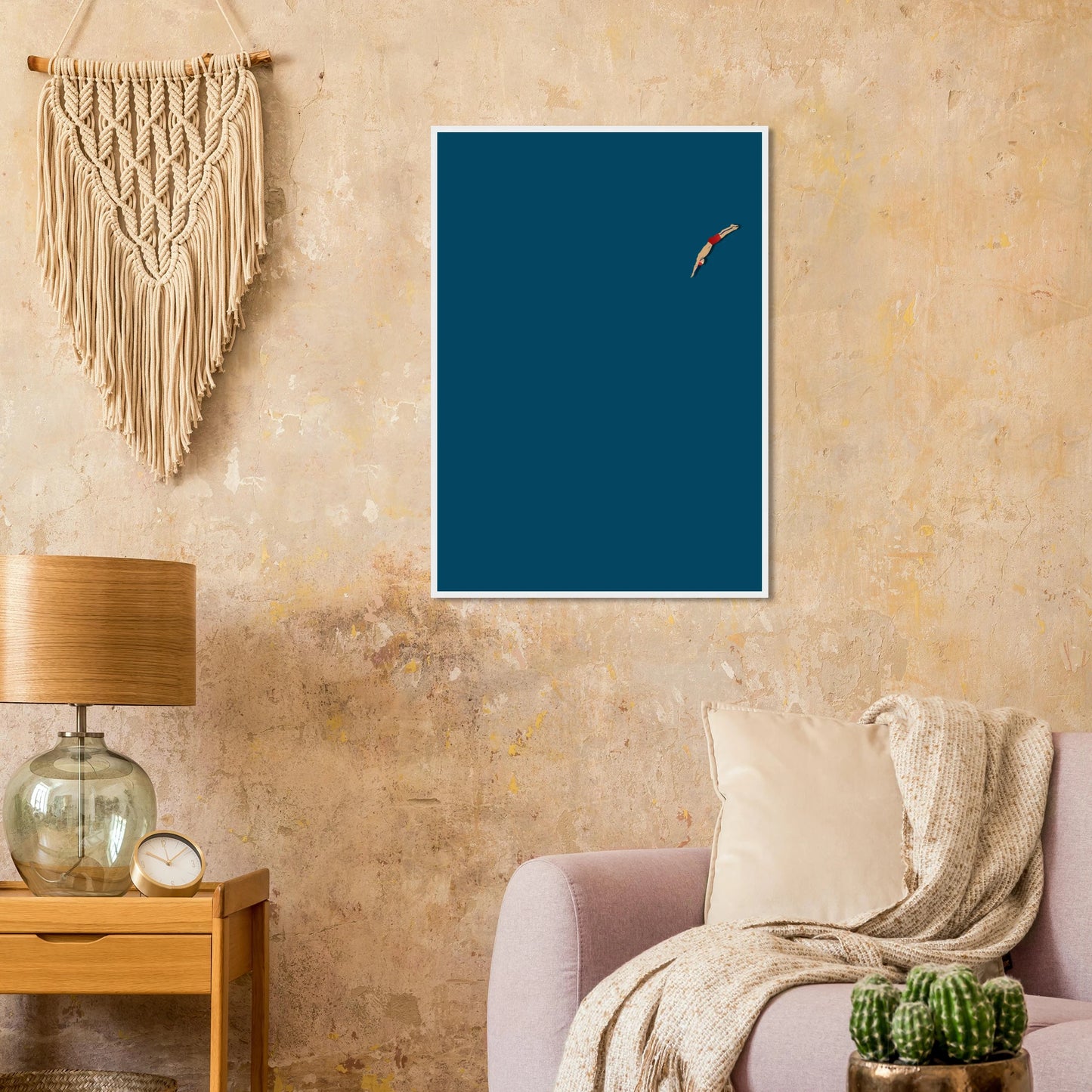Minimalist dive serene swimmer art print by anya trut choose your size frame for a custom look art print in a size affordable wall art by Art Aunty NZ
