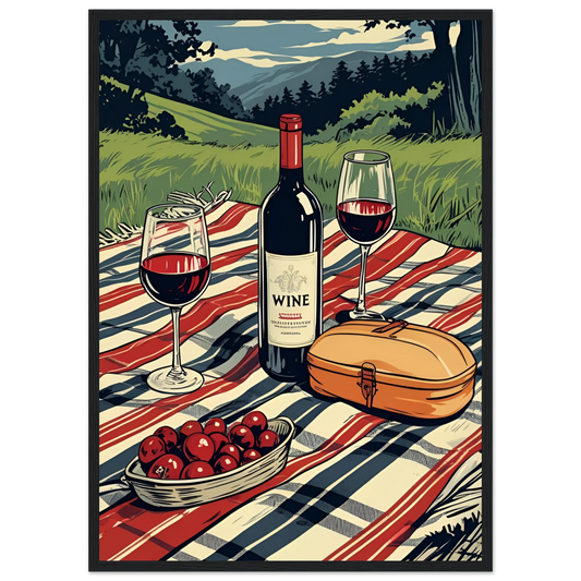 Summer picnic wine cherries serene landscape art print choose your size frame art print in a Wood frame size 21x29.7 cm / 8x12" affordable wall art by Art Aunty NZ