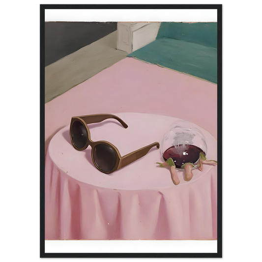 Chic curious nightcap by anya trut modern art print with sunglasses and spilled drink in your choice of frame art print in a Wood frame size 21x29.7 cm / 8x12" affordable wall art by Art Aunty NZ