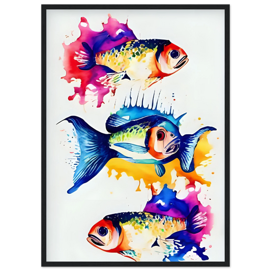 Abstract aquatic flow vibrant fish art print splash of color for your space choose your size frame art print in a Wood frame size 21x29.7 cm / 8x12" affordable wall art by Art Aunty NZ