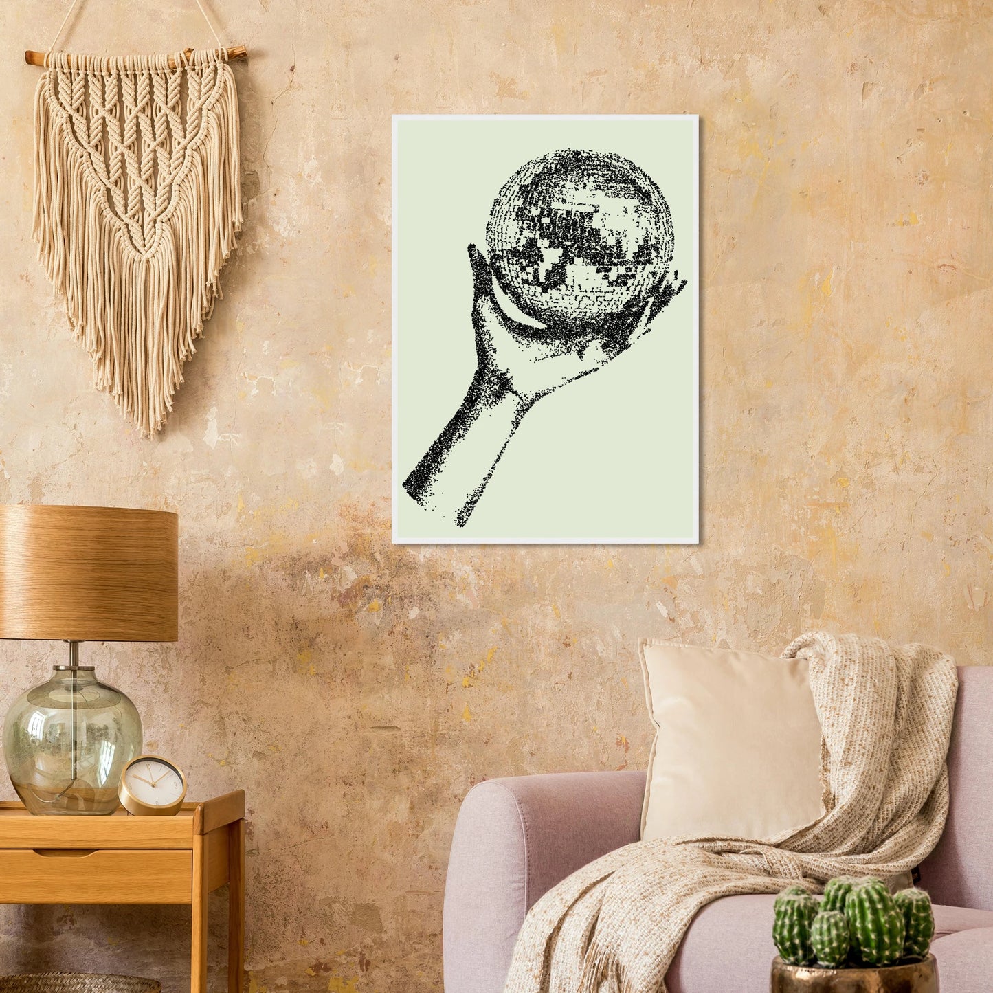 Digital disco ball hand global vision framed poster choose your size frame art print in a size affordable wall art by Art Aunty NZ