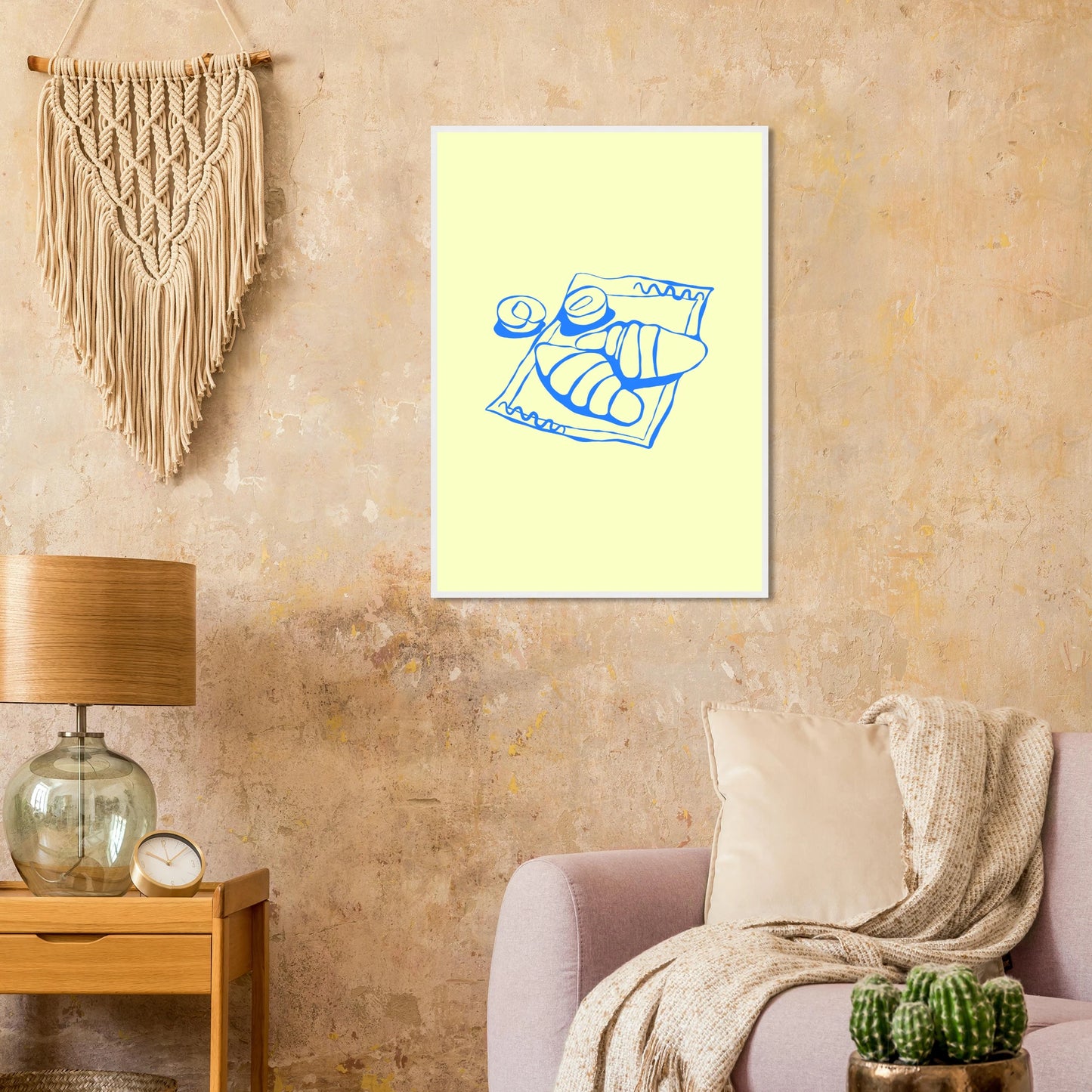 Minimalist blue croissant art print charming breakfast illustration in your choice of frame size art print in a size affordable wall art by Art Aunty NZ