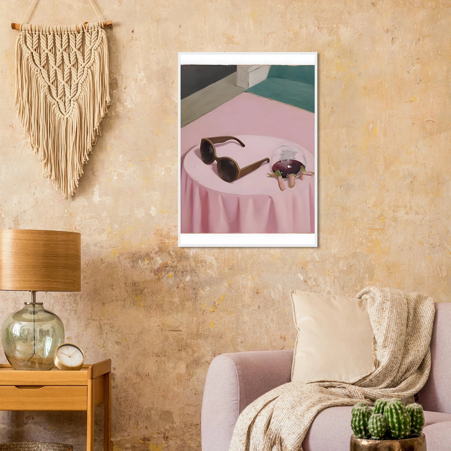 Chic curious nightcap by anya trut modern art print with sunglasses and spilled drink in your choice of frame art print in a size affordable wall art by Art Aunty NZ
