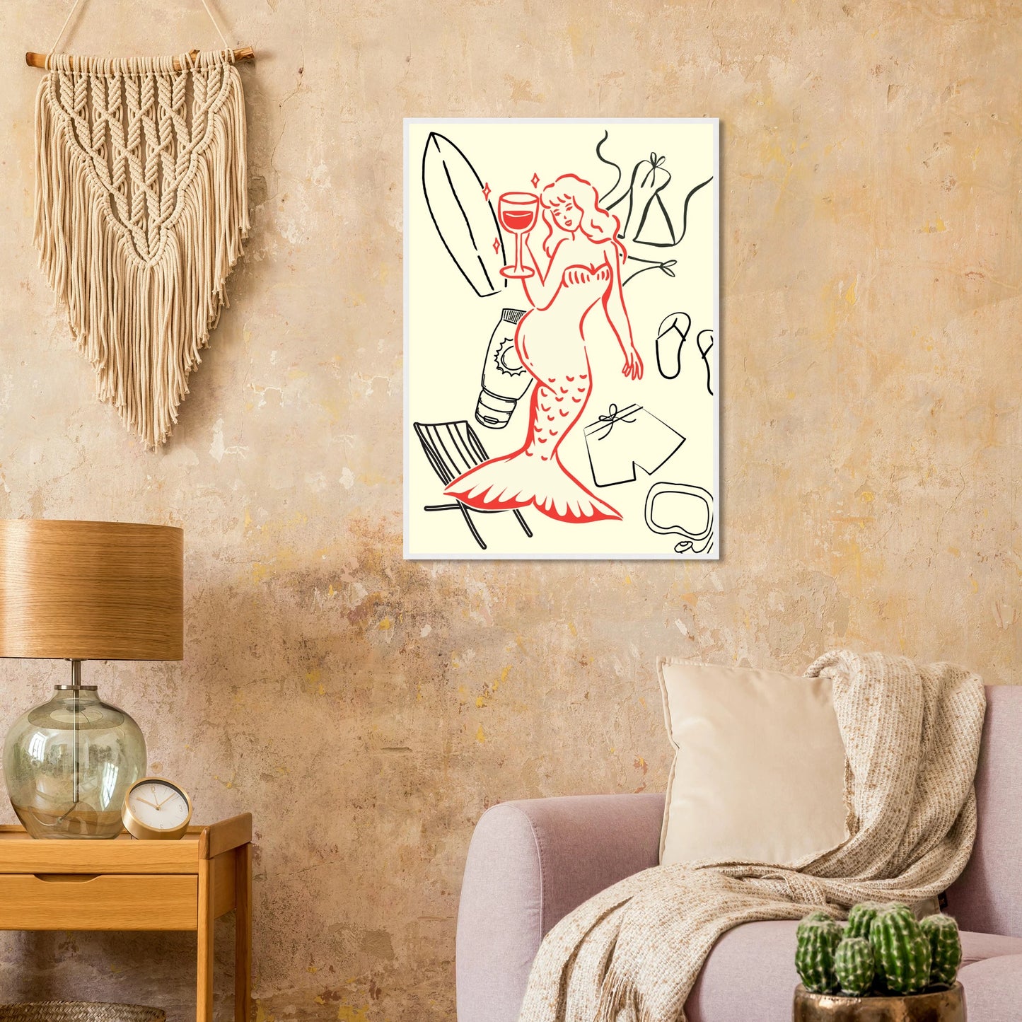 Summer mermaid wall art print beach vibes relaxation in your choice of size frame art print in a size affordable wall art by Art Aunty NZ