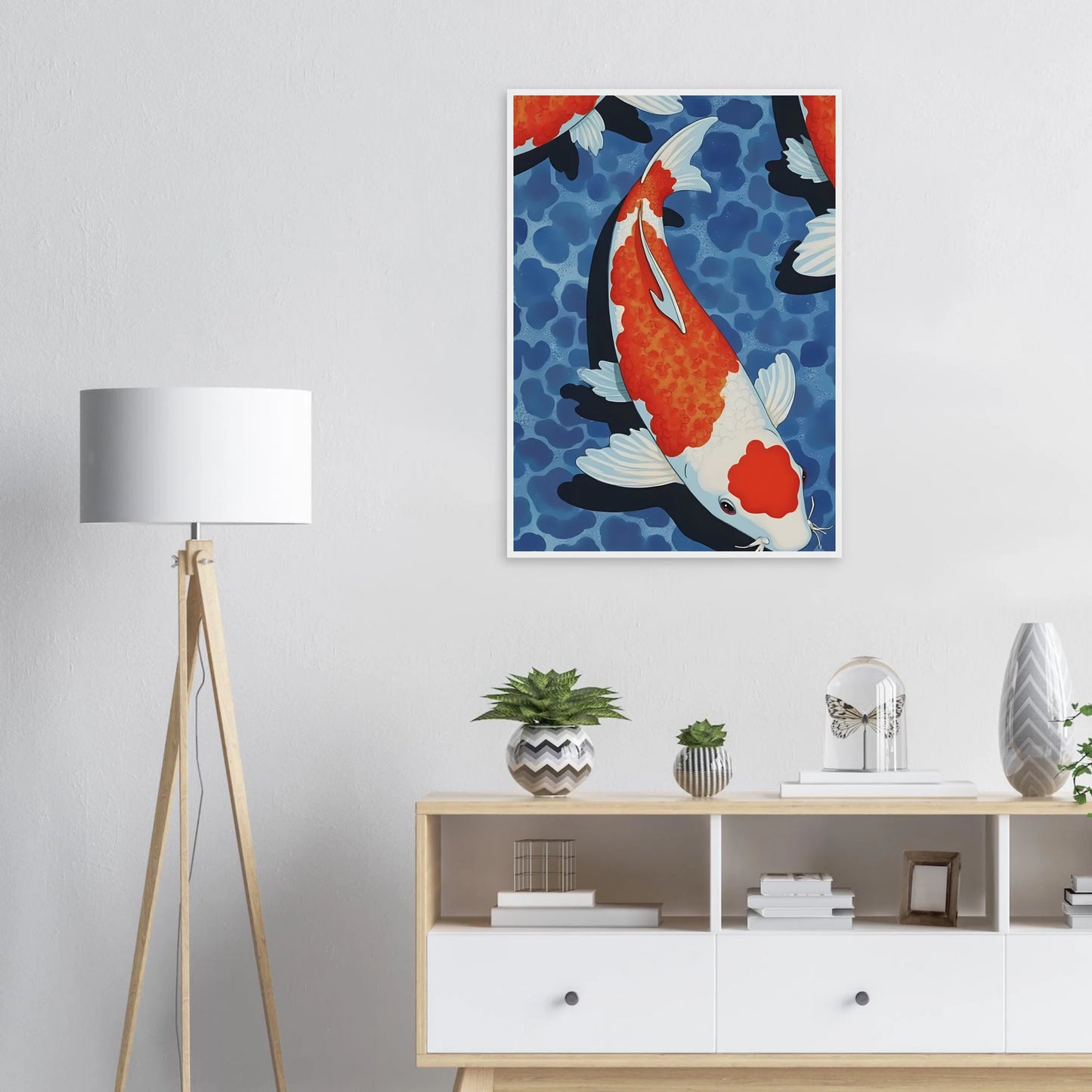 Zen koi pond art print vibrant orange white fish in blue water in your choice of size and frame art print in a size affordable wall art by Art Aunty NZ
