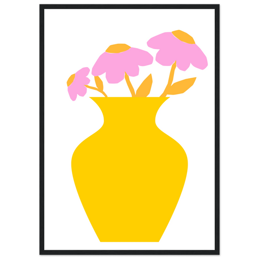 Minimalist pink yellow floral vase art print modern playful decor in your choice of size and frame art print in a Wood frame size 21x29.7 cm / 8x12" affordable wall art by Art Aunty NZ