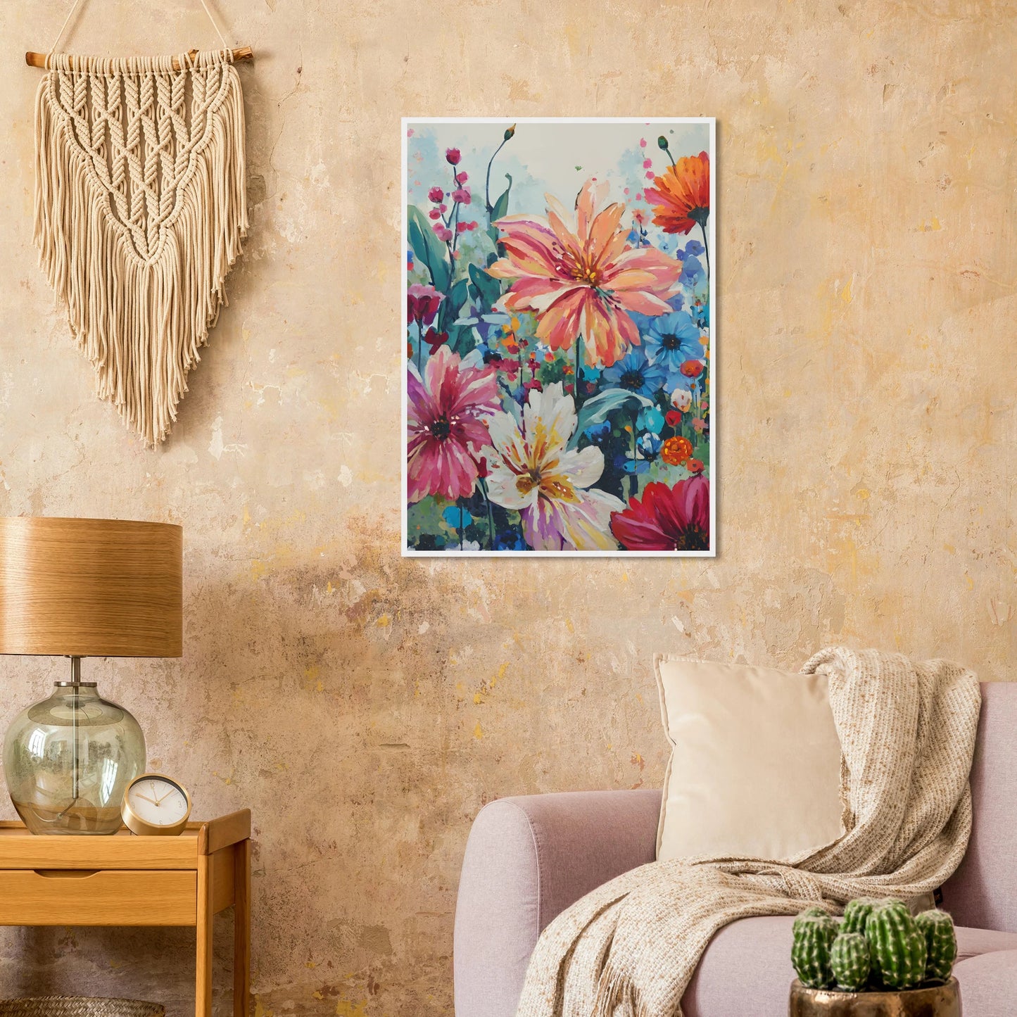 Vibrant floral meadow impressionistic wildflower art print customizable sizes frames art print in a size affordable wall art by Art Aunty NZ