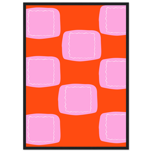 Abstract geometric print vibrant orange pink wall art by anya trut choose your size frame art print in a Wood frame size 21x29.7 cm / 8x12" affordable wall art by Art Aunty NZ