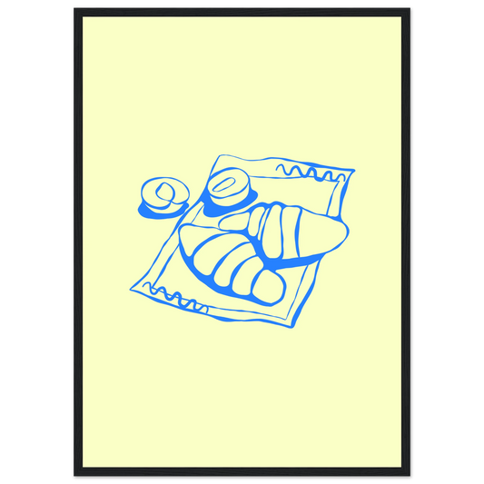 Minimalist blue croissant art print charming breakfast illustration in your choice of frame size art print in a Wood frame size 21x29.7 cm / 8x12" affordable wall art by Art Aunty NZ