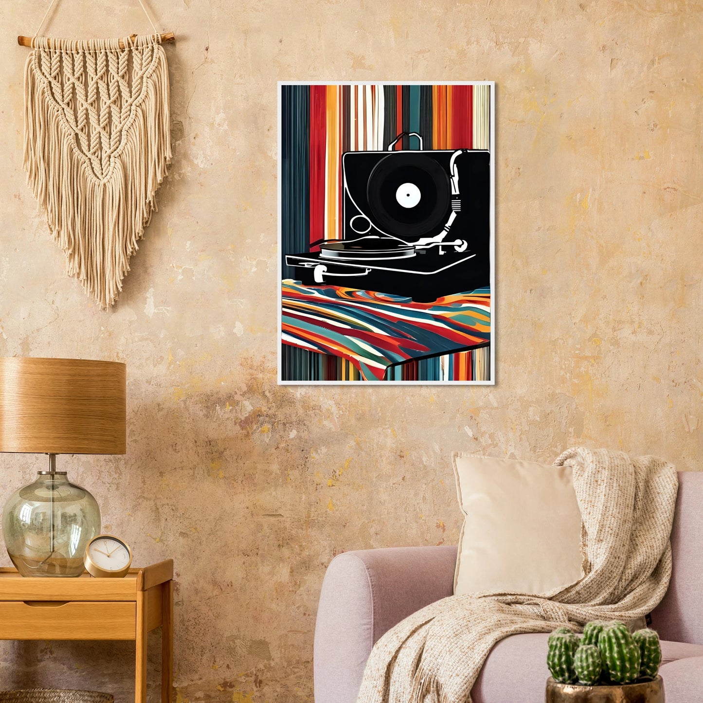 Retro groove record player framed poster vibrant pop art for your home multiple sizes frames art print in a size affordable wall art by Art Aunty NZ