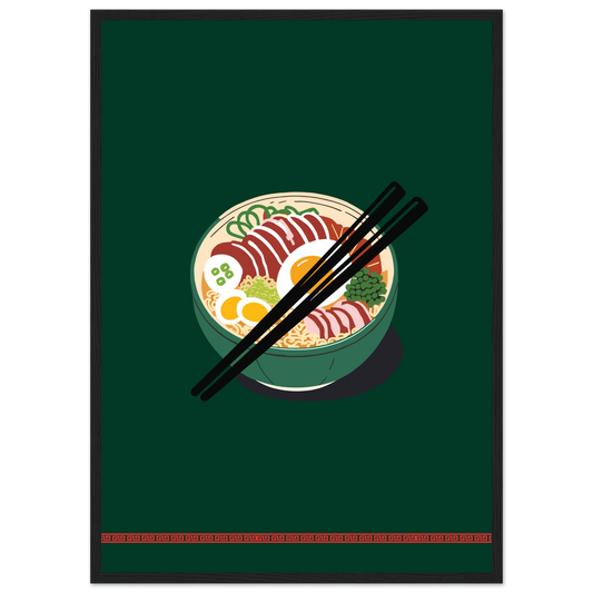 Flavorful ramen bowl wall art print by anya trut customize your size frame art print in a Wood frame size 21x29.7 cm / 8x12" affordable wall art by Art Aunty NZ