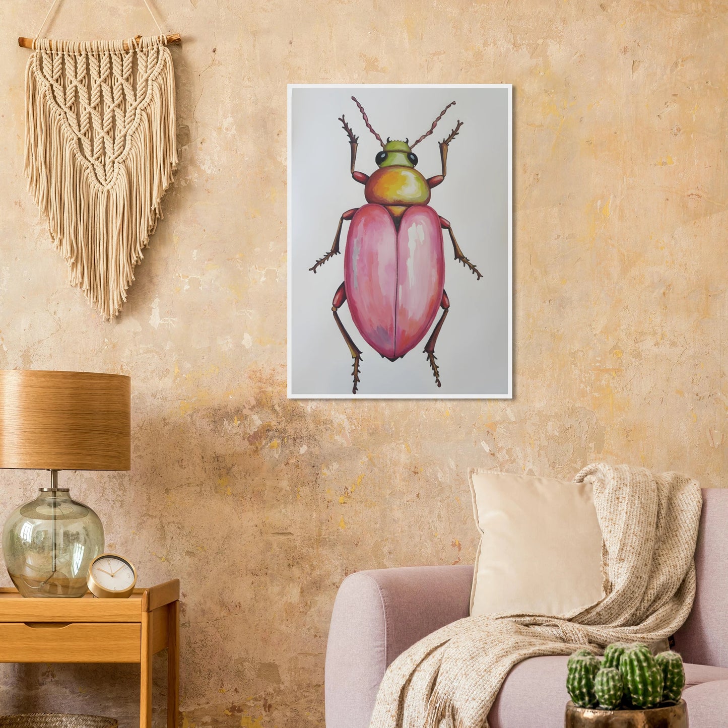 4pm whimsical pink green beetle art print for modern spaces available in three sizes and frame finishes art print in a size affordable wall art by Art Aunty NZ