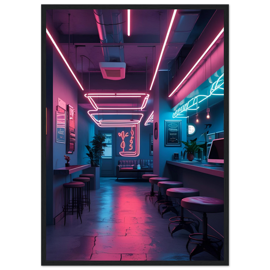 Neon dreams retro cafe art print by anya trut choose your size frame for a cyberpunk vibe art print in a Wood frame size 21x29.7 cm / 8x12" affordable wall art by Art Aunty NZ