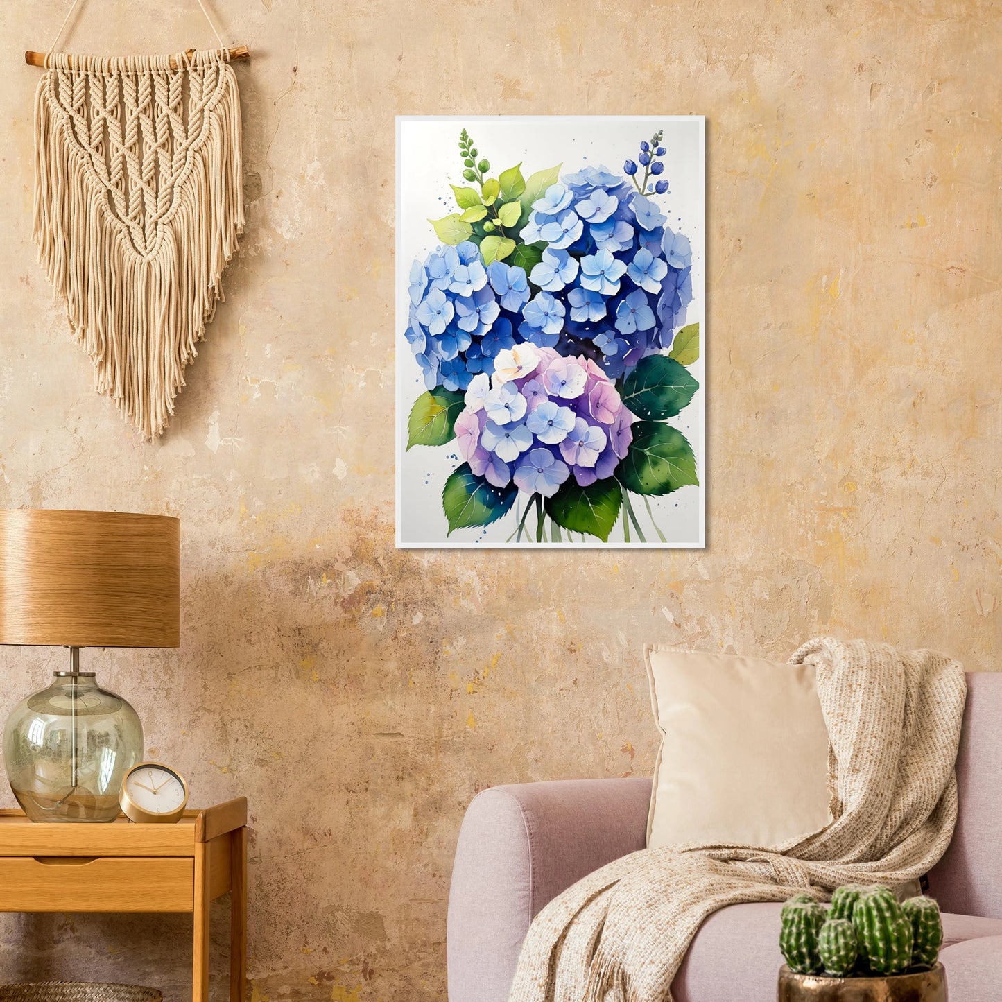 Charming blue and purple hydrangea blooms framed floral watercolor art print by anya trut art print in a size affordable wall art by Art Aunty NZ