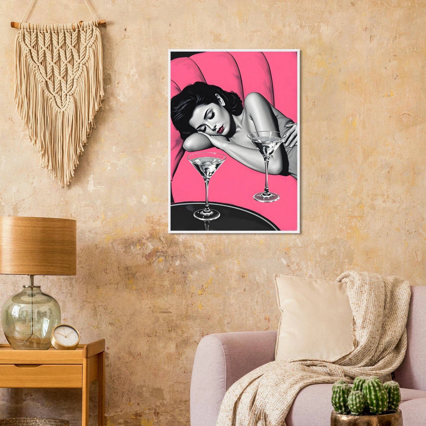 Pink noir chic night cap pop art print by anya trut choose your size frame art print in a size affordable wall art by Art Aunty NZ