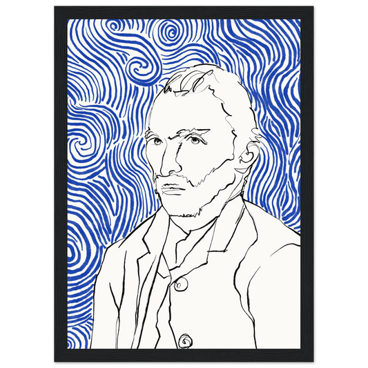 Starry night visionary framed poster iconic artist portrait with swirling blue lines by ioana horvat art print in a Wood frame size 21x29.7 cm / 8x12" affordable wall art by Art Aunty NZ
