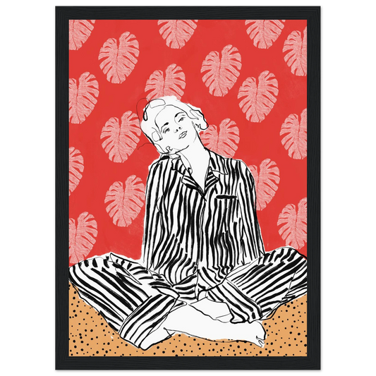 Red boho chic tropical leaf art print elevate your space with vibrant style bohemian flair art print in a Wood frame size 21x29.7 cm / 8x12" affordable wall art by Art Aunty NZ