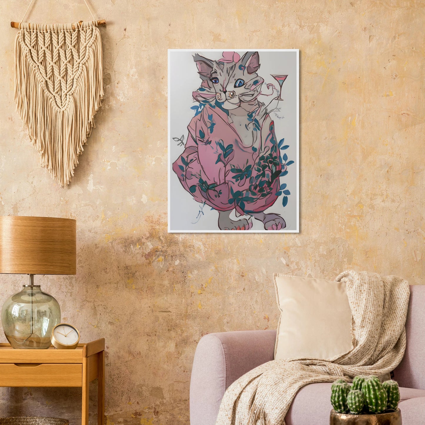 Chic cat with cocktail whimsical pink blue floral art print by anya trut choose your size frame art print in a size affordable wall art by Art Aunty NZ