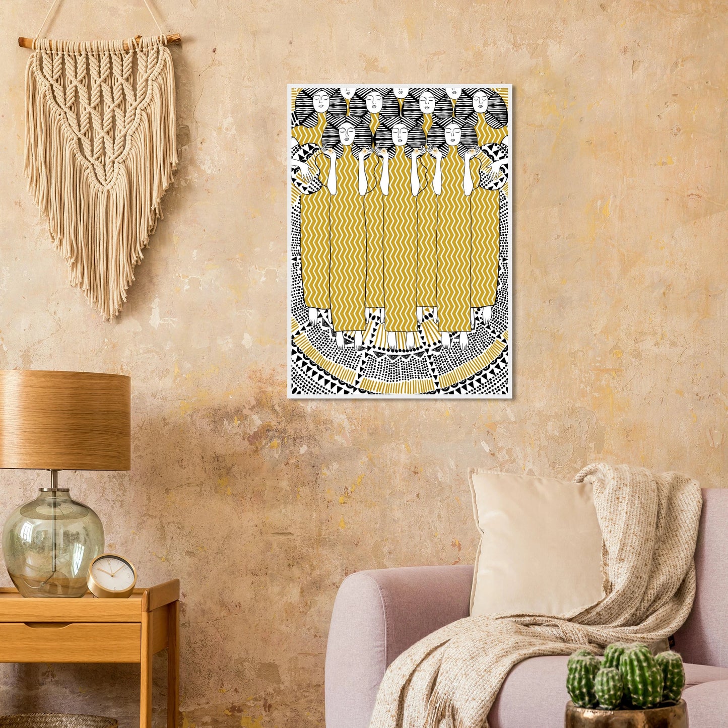 Golden women art print bohemian serenity with geometric patterns your choice of size frame art print in a size affordable wall art by Art Aunty NZ