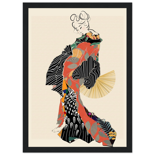 Abstract kimono geisha art print by ioana horvat vibrant patterns elegant style various sizes frames art print in a Wood frame size 21x29.7 cm / 8x12" affordable wall art by Art Aunty NZ