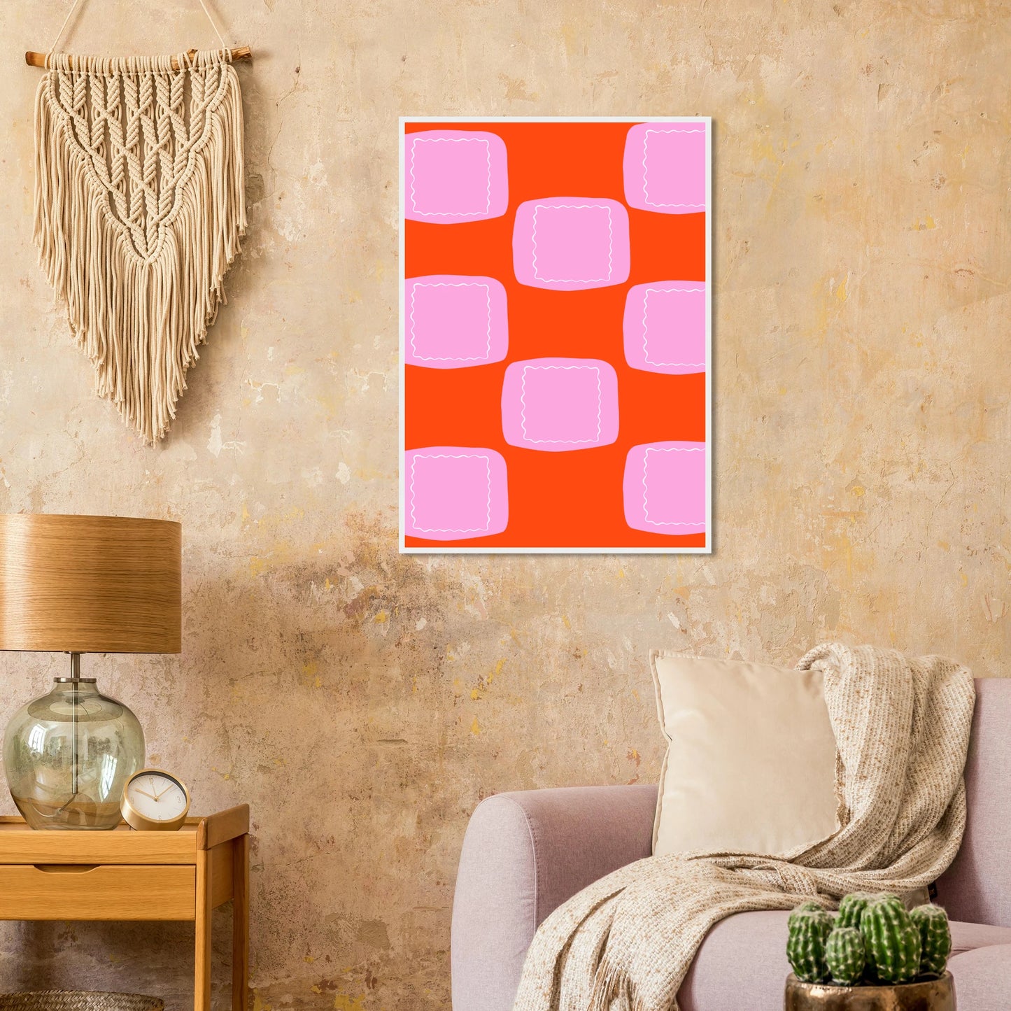 Abstract geometric print vibrant orange pink wall art by anya trut choose your size frame art print in a size affordable wall art by Art Aunty NZ