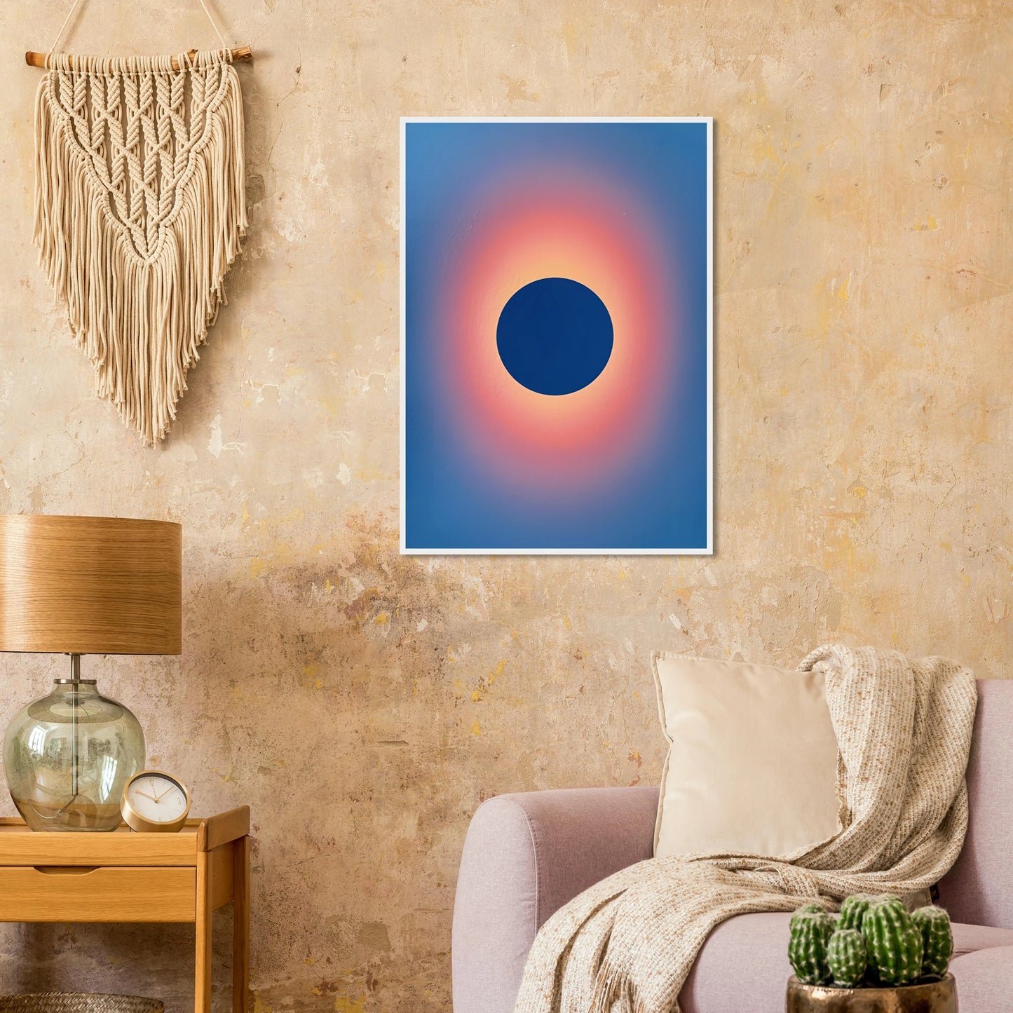Cosmic eclipse gradient art print celestial blue sunset glow wall decor by anya trut multiple sizes and frames art print in a size affordable wall art by Art Aunty NZ