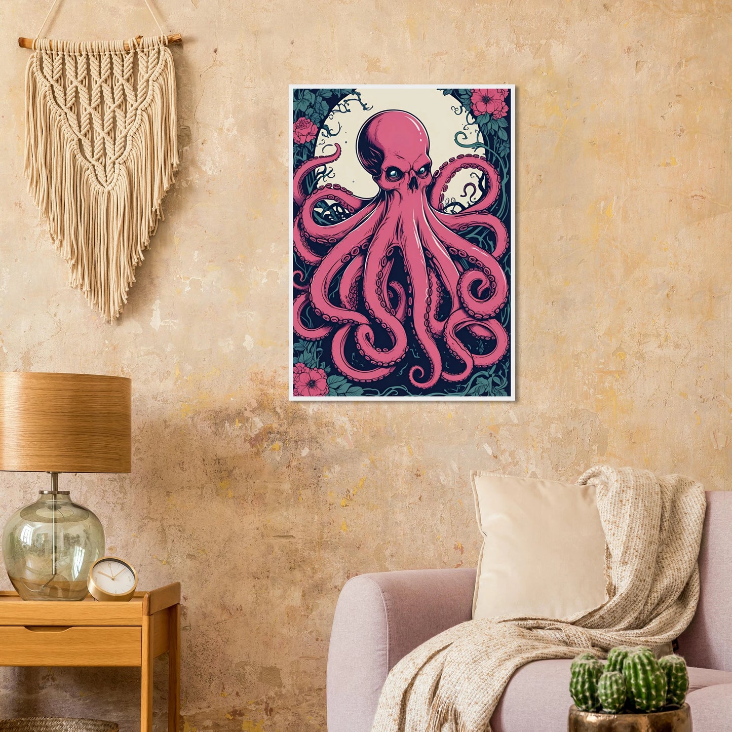 Skulltopus vibrant pink octopus skull botanical art print choose your size frame art print in a size affordable wall art by Art Aunty NZ