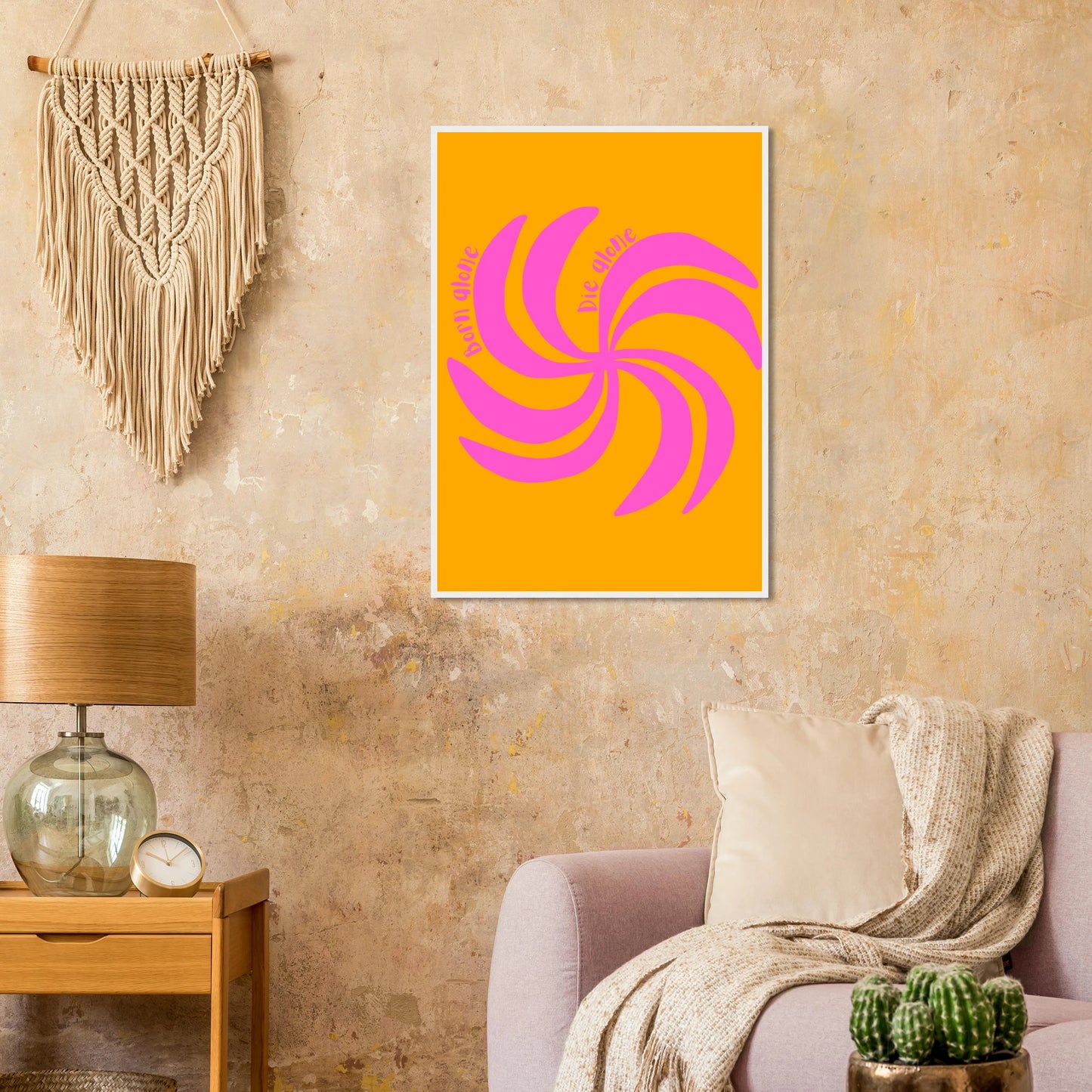 Born alone die alone swirl art print vibrant pink orange abstract wall decor in your choice of size frame art print in a size affordable wall art by Art Aunty NZ