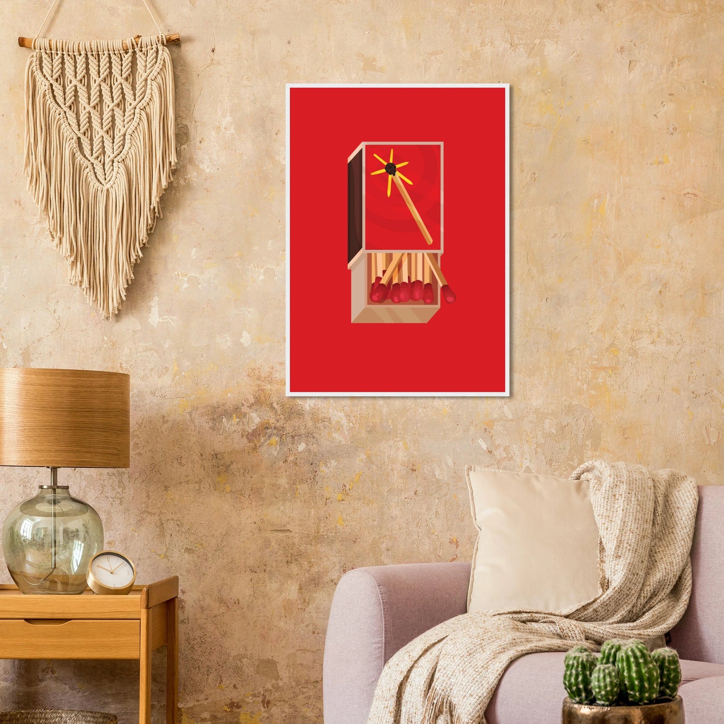 Fiery matchbox art print ignite your decor with bold red yellow hues available framed in various sizes art print in a size affordable wall art by Art Aunty NZ
