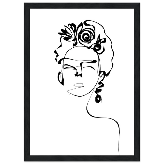 Minimalist frida kahlo inspired line art poster abstract floral portrait print in your choice of size and frame art print in a Wood frame size 21x29.7 cm / 8x12" affordable wall art by Art Aunty NZ