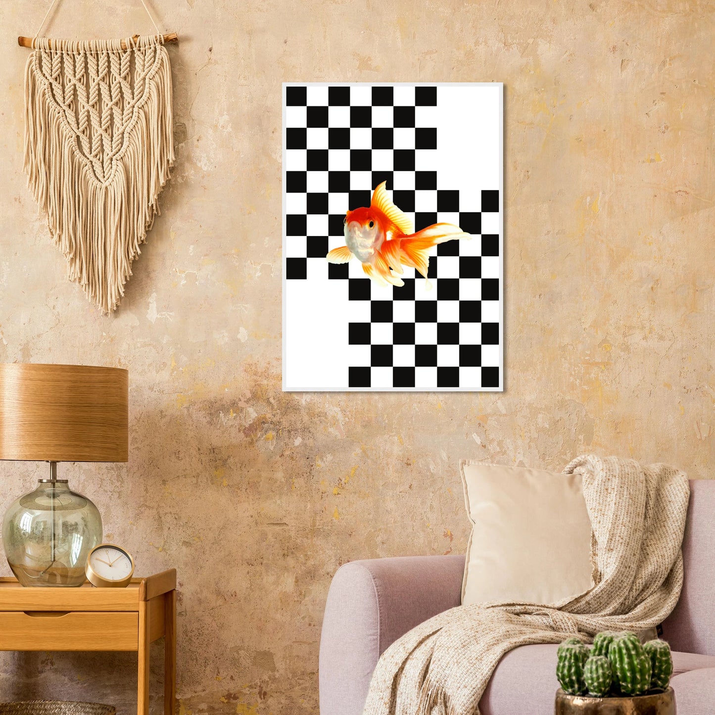 Goldfish on checkerboard splash of surreal framed art print by anya trut multiple sizes frames art print in a size affordable wall art by Art Aunty NZ