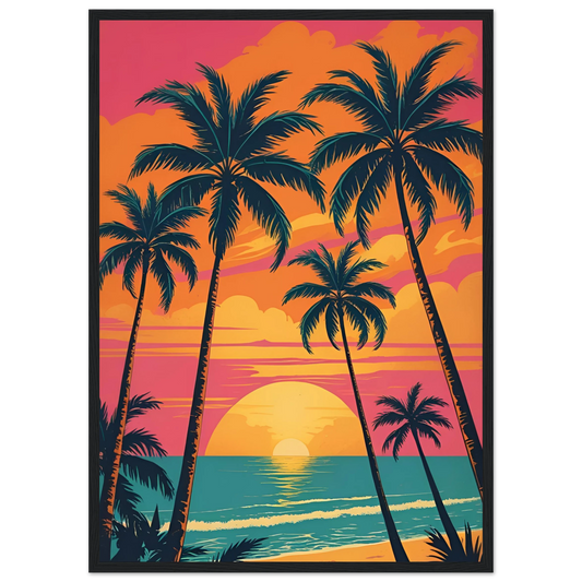 Vibrant sunset beach palm trees art print by anya trut tropical dreamscape wall decor art print in a Wood frame size 21x29.7 cm / 8x12" affordable wall art by Art Aunty NZ