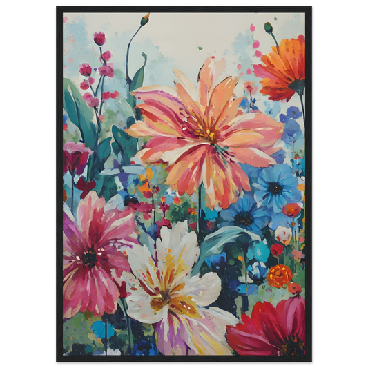 Vibrant floral meadow impressionistic wildflower art print customizable sizes frames art print in a Wood frame size 21x29.7 cm / 8x12" affordable wall art by Art Aunty NZ