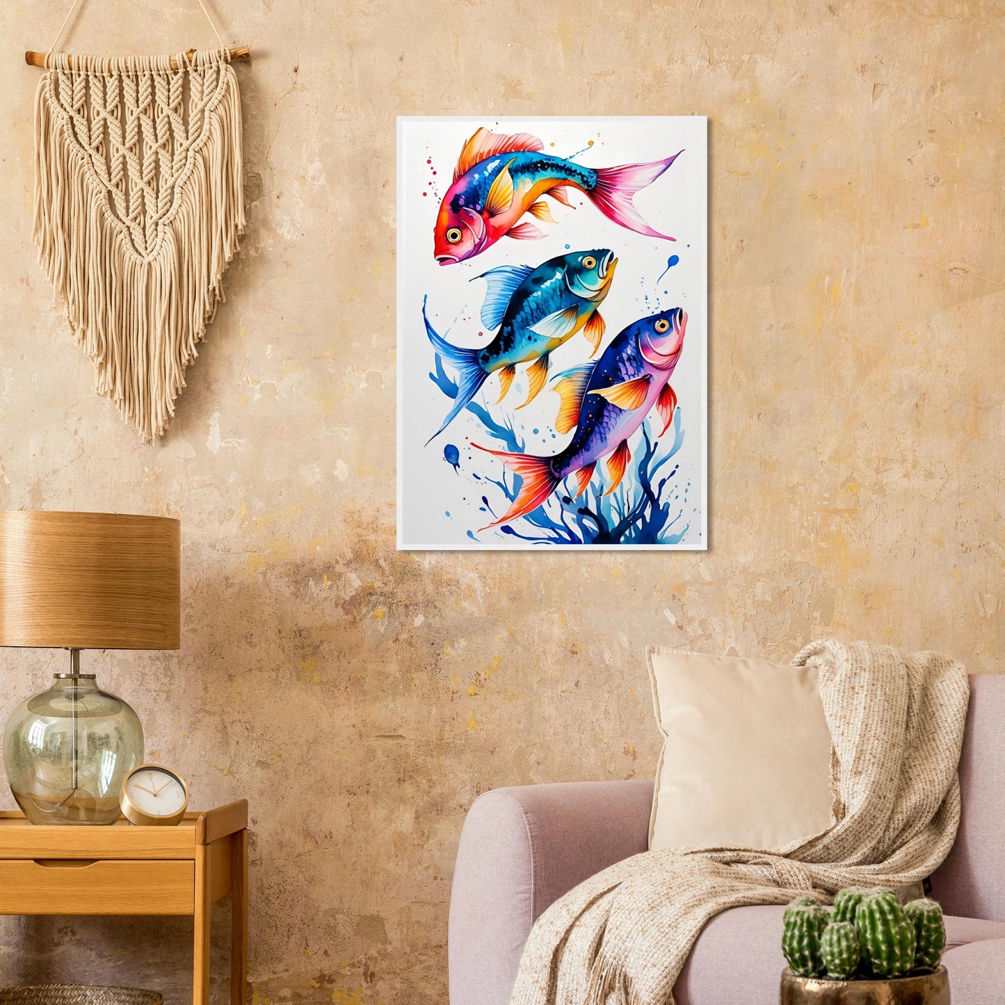 Vibrant ocean trio art print colorful fish watercolor wall decor available in various sizes frames art print in a size affordable wall art by Art Aunty NZ