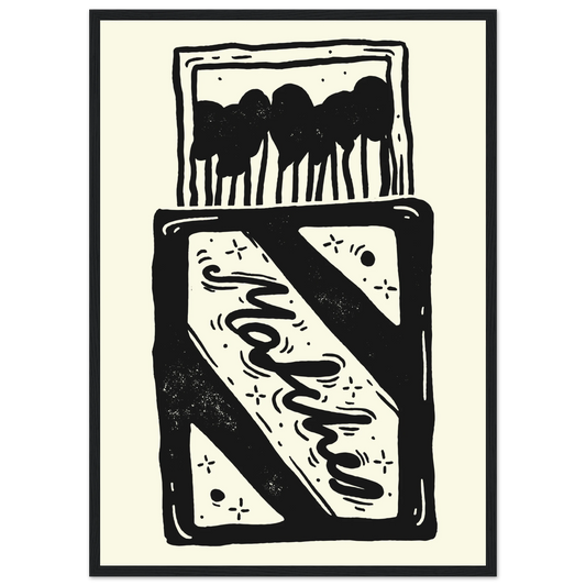 Charming match linocut art print by anya trut black white abstract home decor art print in a Wood frame size 21x29.7 cm / 8x12" affordable wall art by Art Aunty NZ