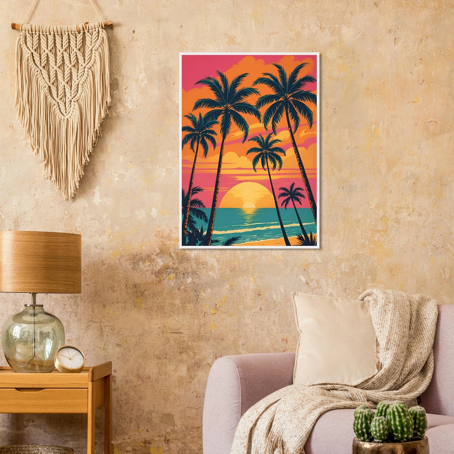 Vibrant sunset beach palm trees art print by anya trut tropical dreamscape wall decor art print in a size affordable wall art by Art Aunty NZ
