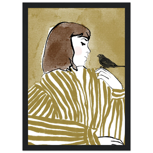 Whispering bird elegant profile art print by ioana horvat custom sizes frames art print in a Wood frame size 21x29.7 cm / 8x12" affordable wall art by Art Aunty NZ
