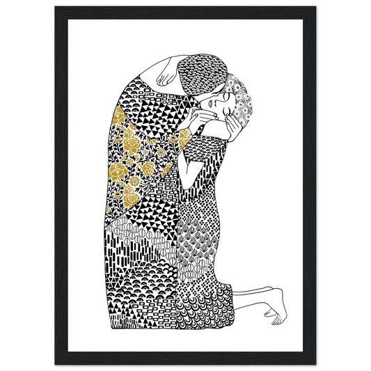 Abstract embrace golden floral geometric art print hand drawn expression on premium poster art print in a Wood frame size 21x29.7 cm / 8x12" affordable wall art by Art Aunty NZ