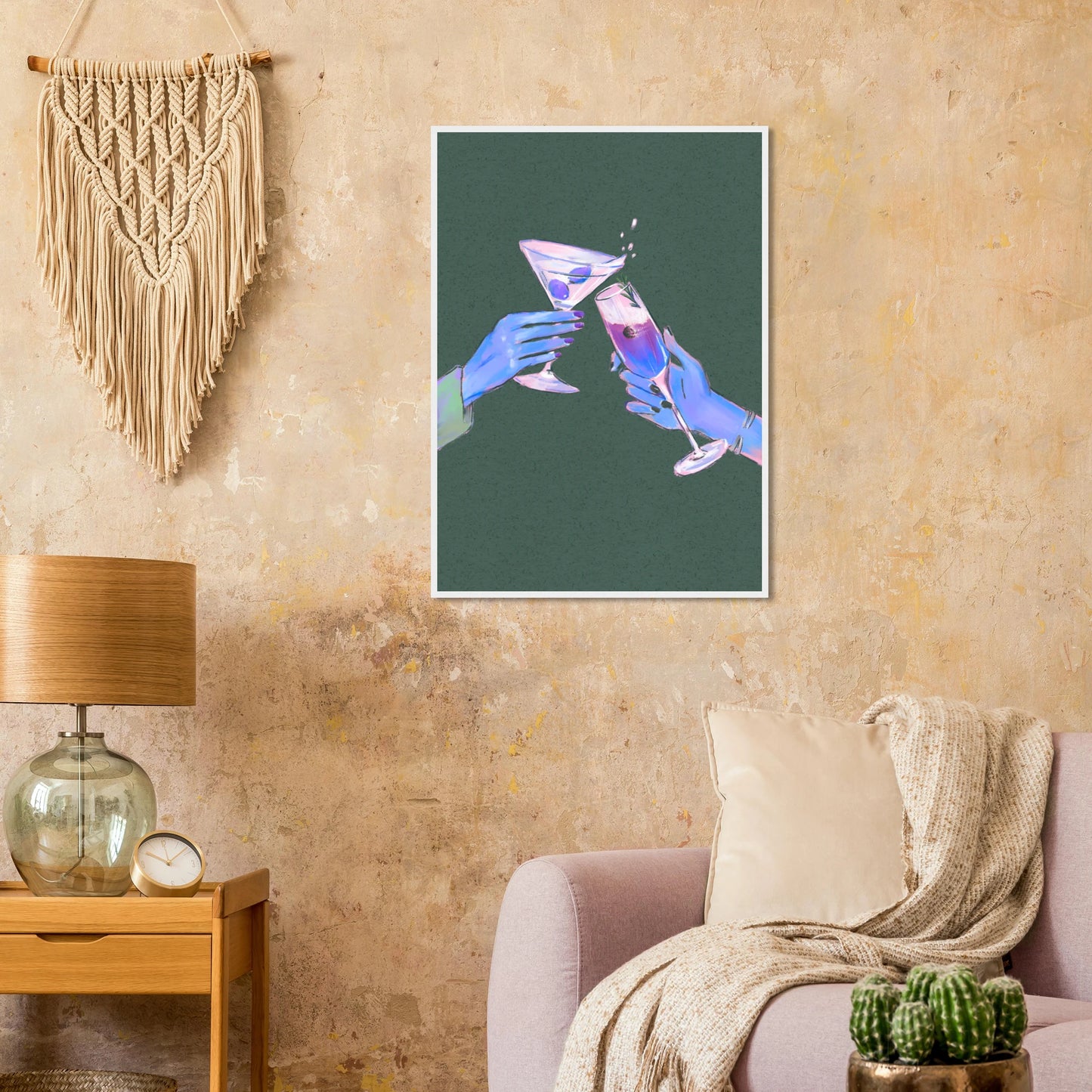 4pm cheers art print vibrant cocktail illustration for modern spaces available in multiple sizes and frames art print in a size affordable wall art by Art Aunty NZ