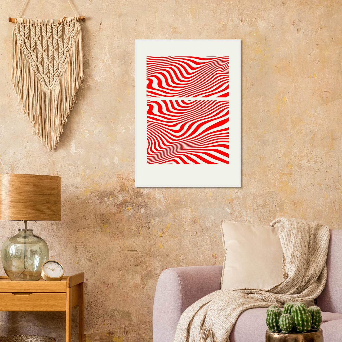Psychedelic red white waves abstract print hypnotic rhythm framed poster in multiple sizes frame colors art print in a size affordable wall art by Art Aunty NZ