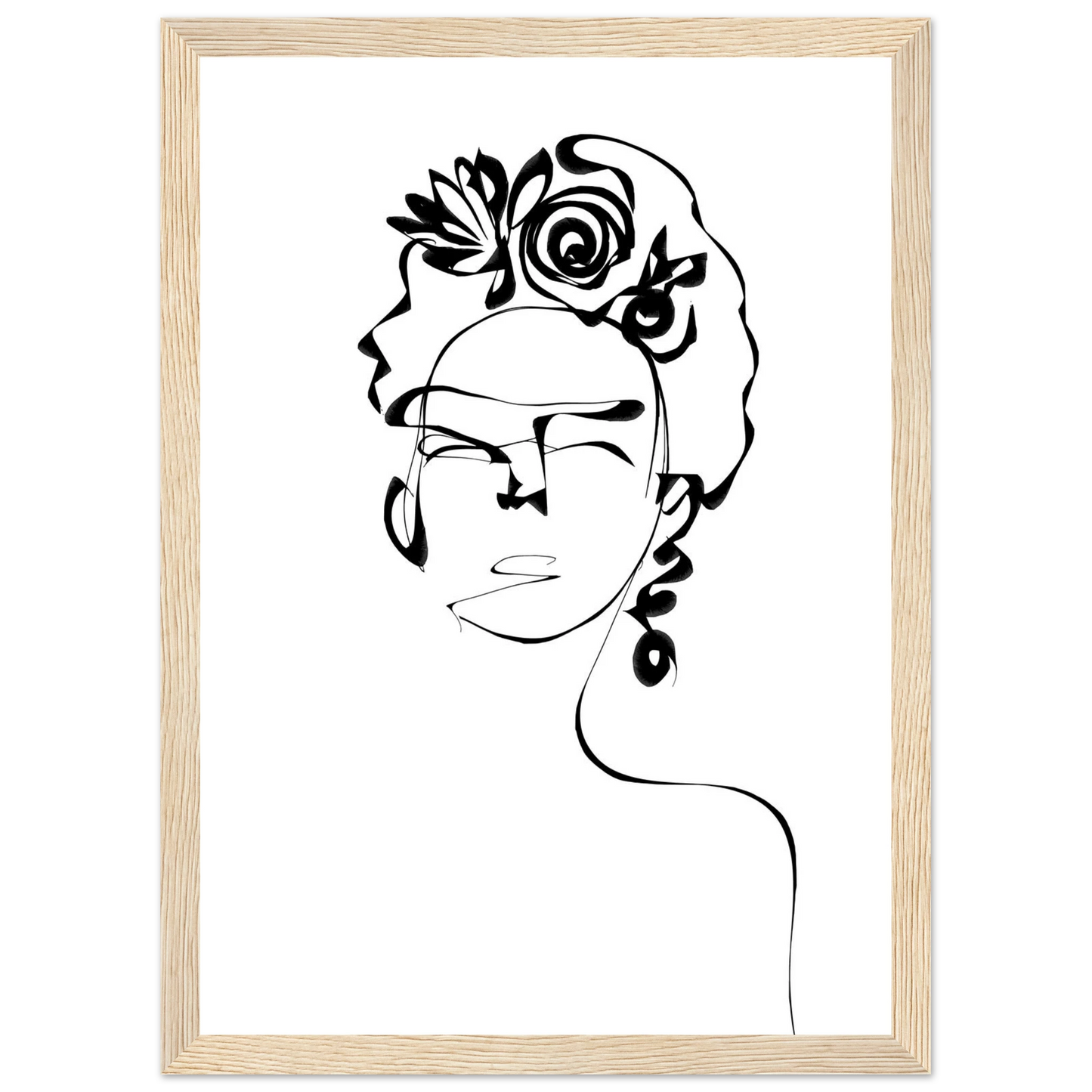 Minimalist frida kahlo inspired line art poster abstract floral portrait print in your choice of size and frame art print in a Black frame size A2 (42 x 59.4  cm) affordable wall art by Art Aunty NZ