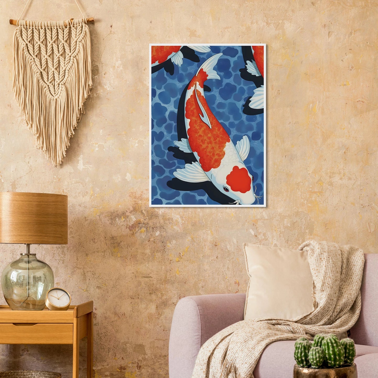 Zen koi pond art print vibrant orange white fish in blue water in your choice of size and frame art print in a  size  affordable wall art by Art Aunty NZ