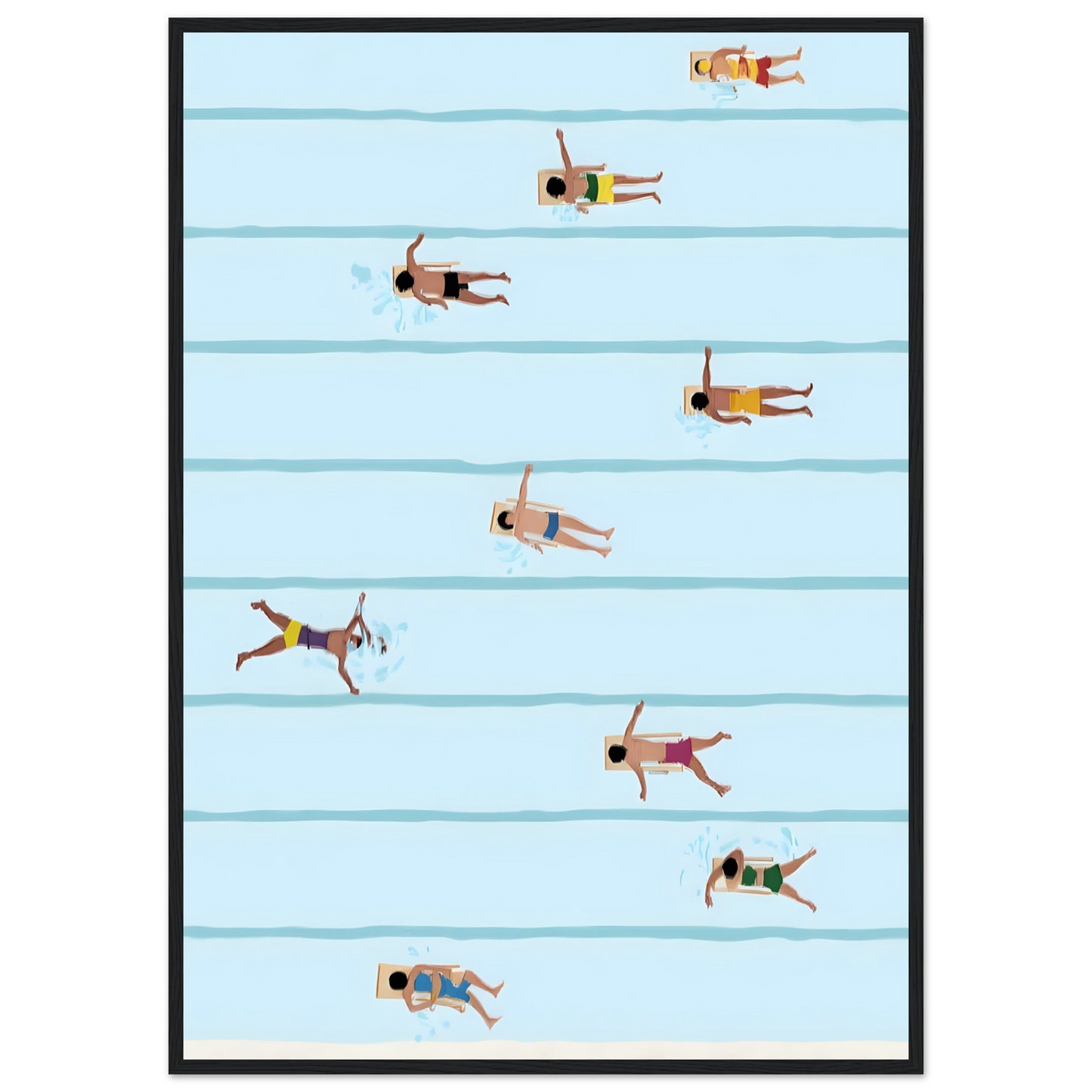 Lane swimmers summer blues art print refreshing poolside serenity by anya trut in your choice of frame art print in a Black frame size A2 (42 x 59.4  cm) affordable wall art by Art Aunty NZ