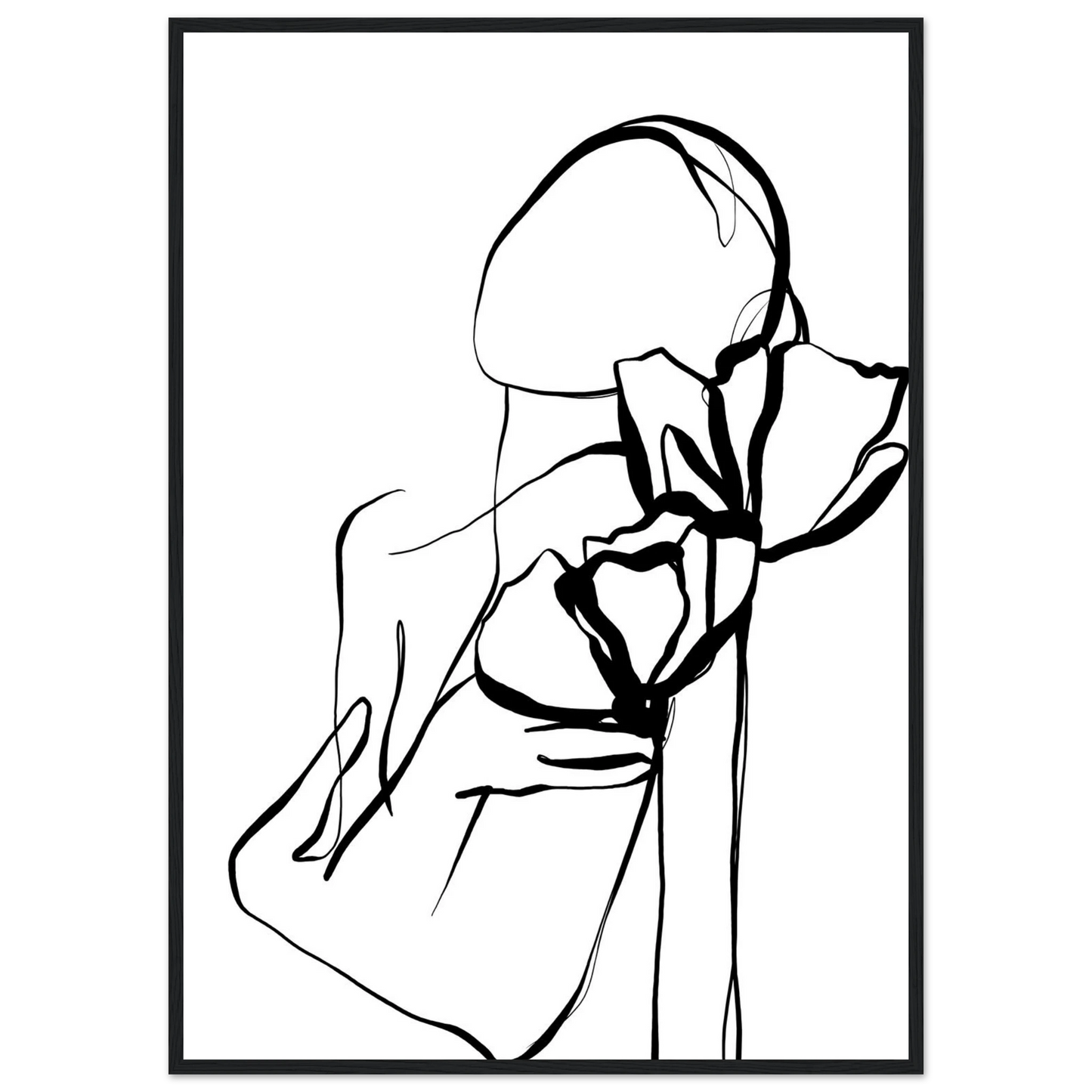 Abstract floral embrace line art print minimalist black white botanical poster art print in a Wood frame size A2 (42 x 59.4  cm) affordable wall art by Art Aunty NZ