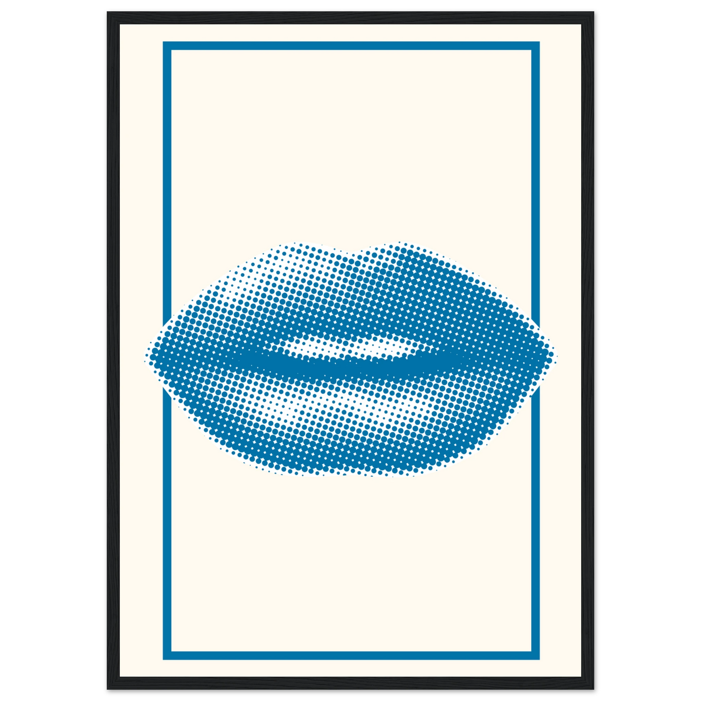 Blue kiss pop art lips print halftone digital art by anya trut in your choice of frame size art print in a Wood frame size 21x29.7 cm / 8x12" affordable wall art by Art Aunty NZ