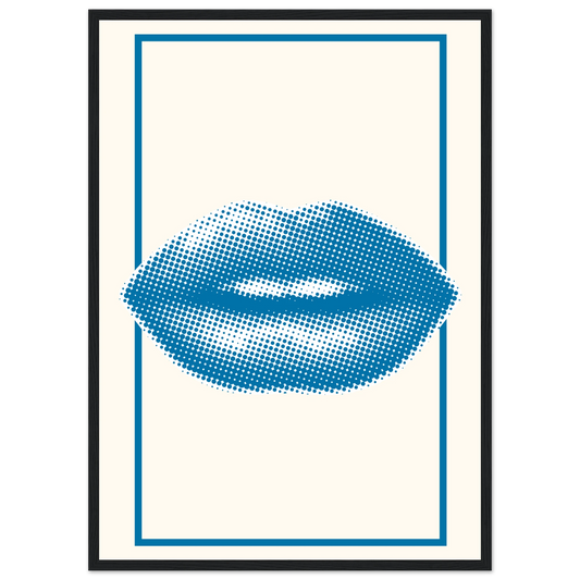 Blue kiss pop art lips print halftone digital art by anya trut in your choice of frame size art print in a Wood frame size 21x29.7 cm / 8x12" affordable wall art by Art Aunty NZ