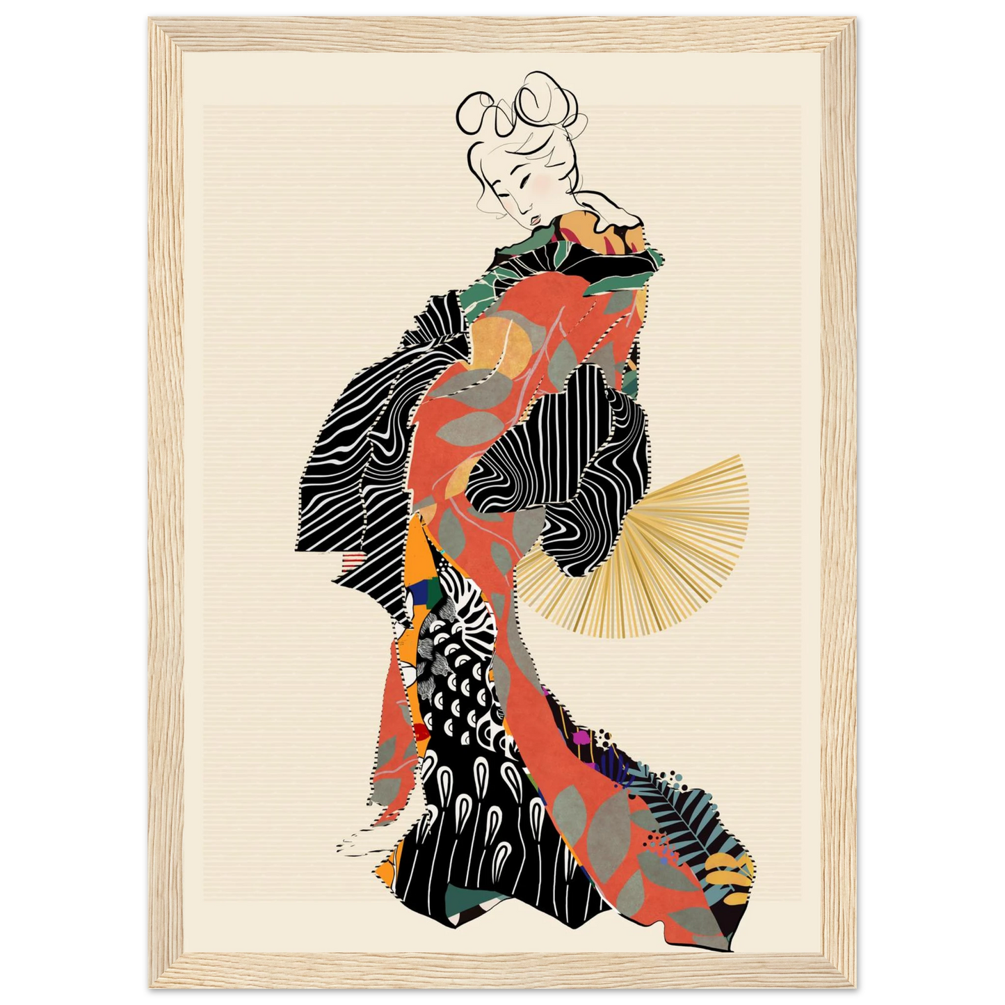 Abstract kimono geisha art print by ioana horvat vibrant patterns elegant style various sizes frames art print in a Black frame size A2 (42 x 59.4  cm) affordable wall art by Art Aunty NZ
