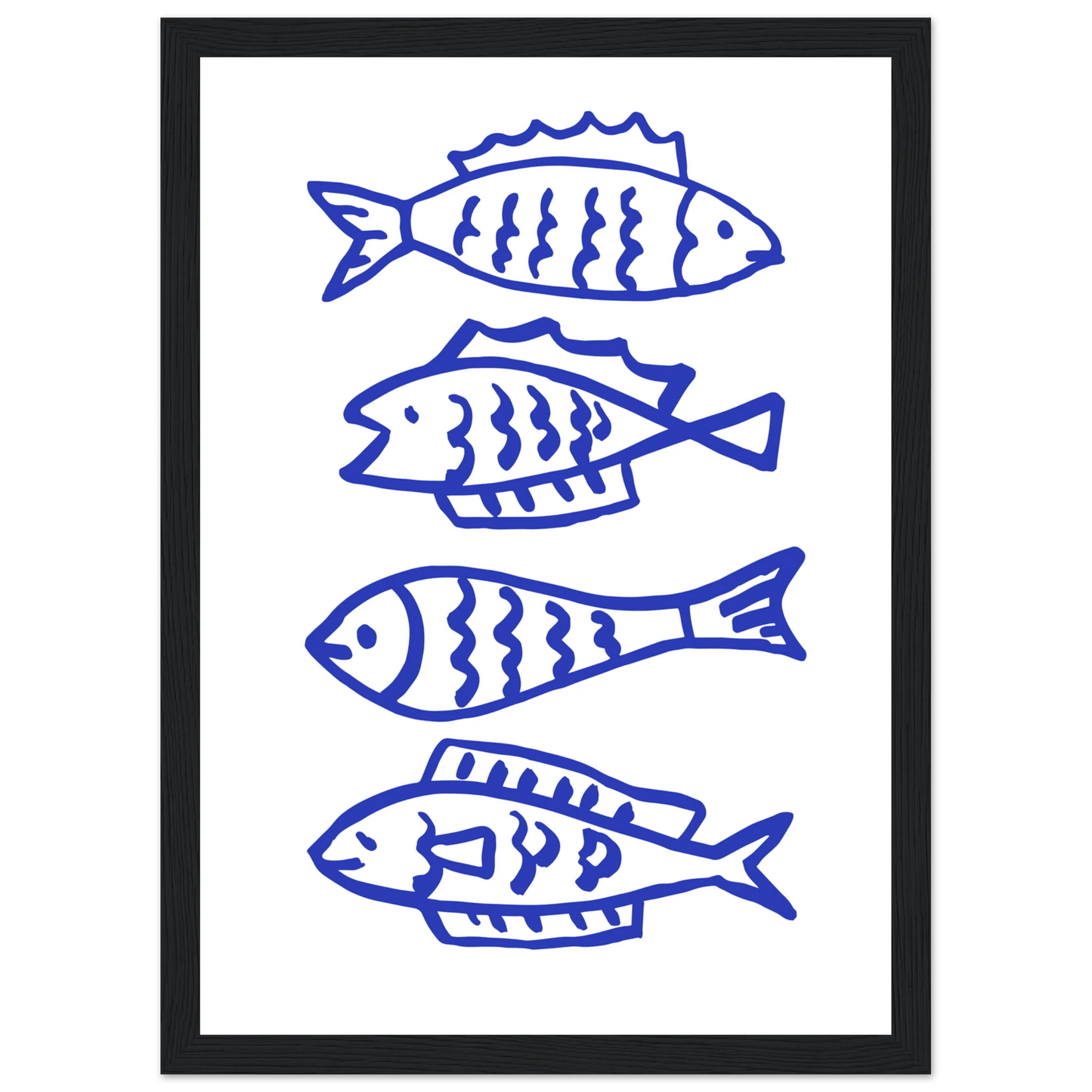 Abstract blue fish line art print by anya trut nautical charm for your home framed sized to perfection art print in a White frame size A2 (42 x 59.4  cm) affordable wall art by Art Aunty NZ
